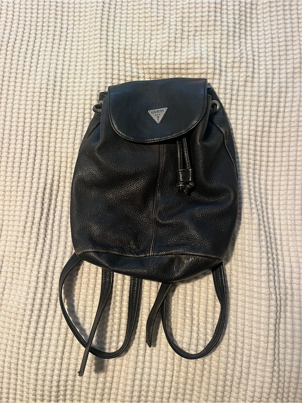 Guess Vintage Black Leather Drawstring Mini Backpack with Triangle Logo